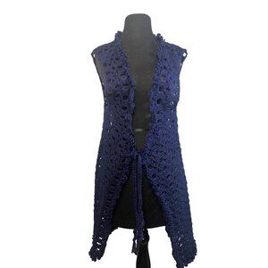 Handmade Womens Crochet Open Knit Navy Vest Sleeveless Tie Front Boho Style